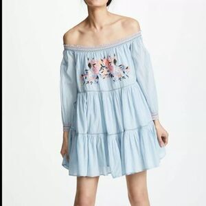 Free People Mini Dress Women Small Blue Floral Off Shoulder Boho Embroidered
